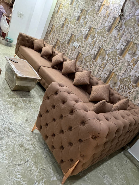 Luxury Chesterfield-Style 7-Seater Sofa – Premium Brown Suede Finish