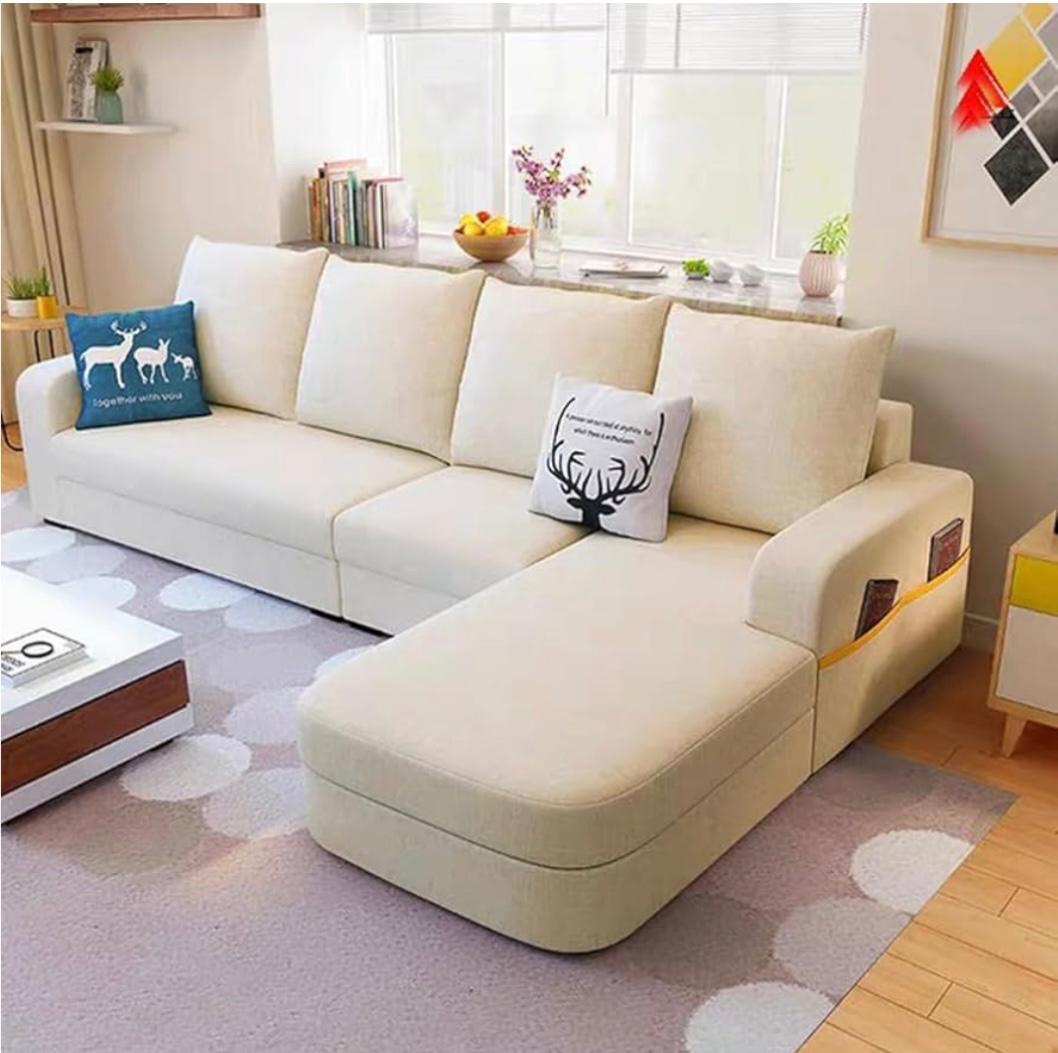 Modern Cream L-Shape Sofa – Premium Fabric 5-Seater Comfort